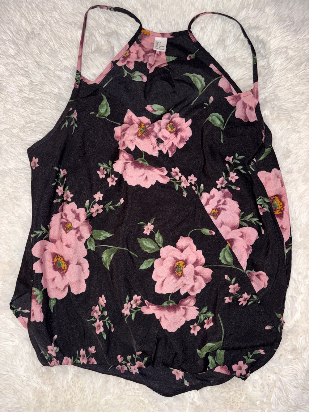 SHEIN Black Halter Camisole with Pink Floral Print